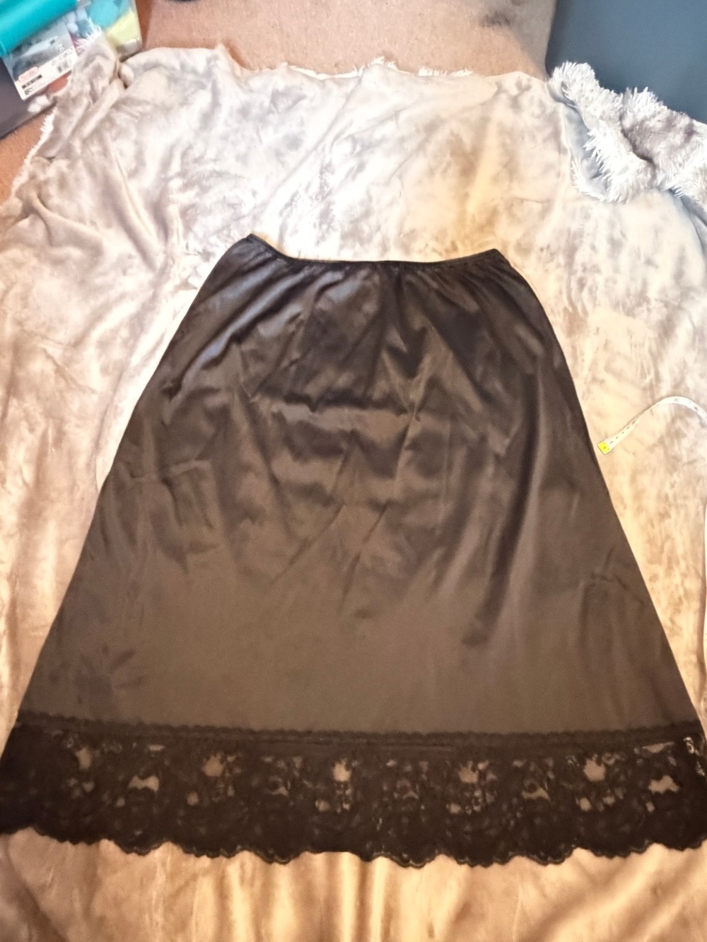 Black Half Slip Lace Trim Midi XL 28" 11-105 USA Made Vtg Vassarette